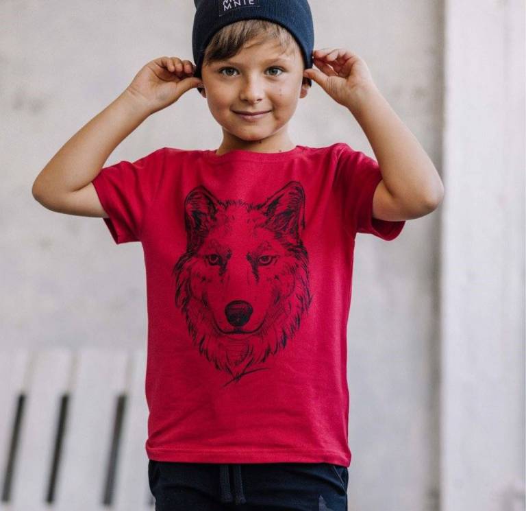 T-shirt chłopięcy Wilk MASHMNIE czerwony r 128/134