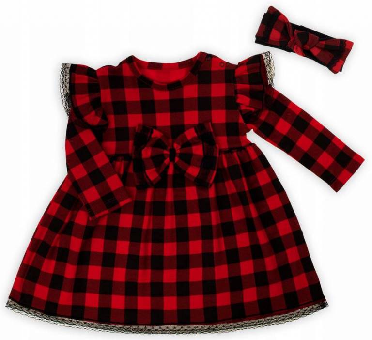 Sukienka dziecięca = opaska długi rękaw NICOL czerwono-czarna kratka r. 92